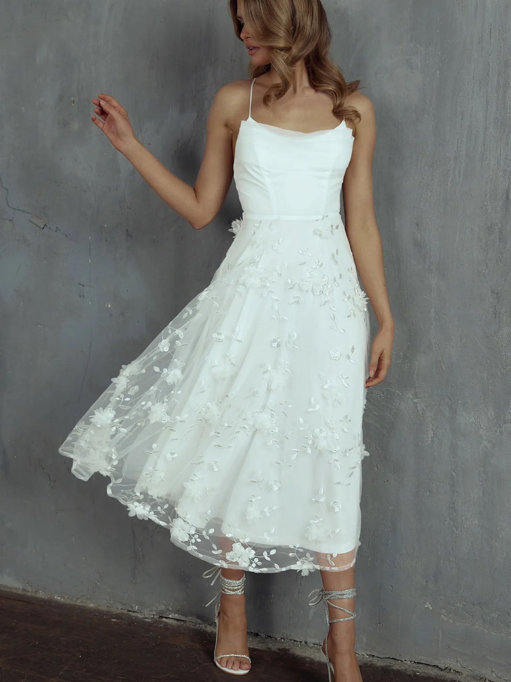 Selfie Leslie Pleated Neckline Mesh Midi Dress Embellished White